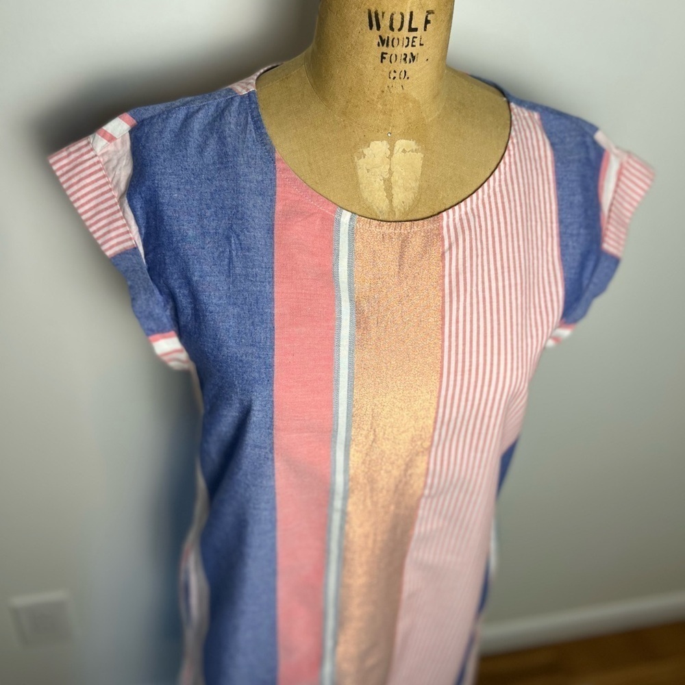 Caston chambray striped dress with shimmer stripes, pockets, pullover dress sm.